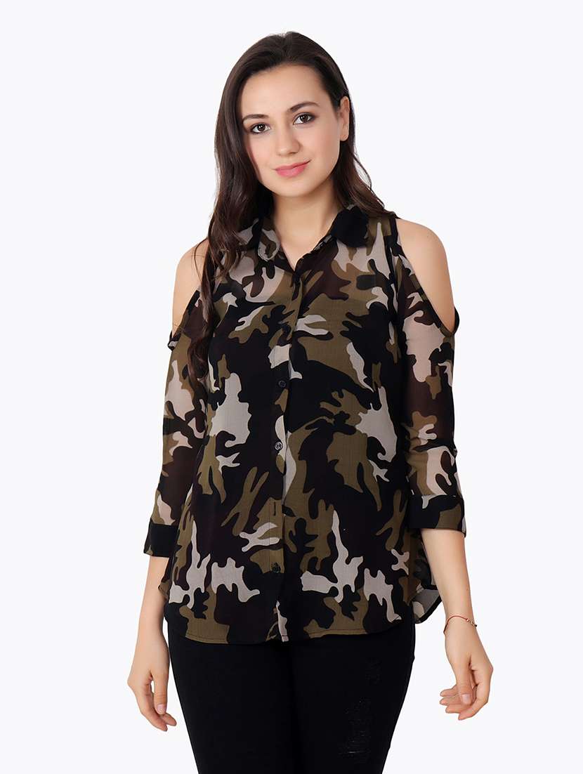 women printed cold shoulder shirt