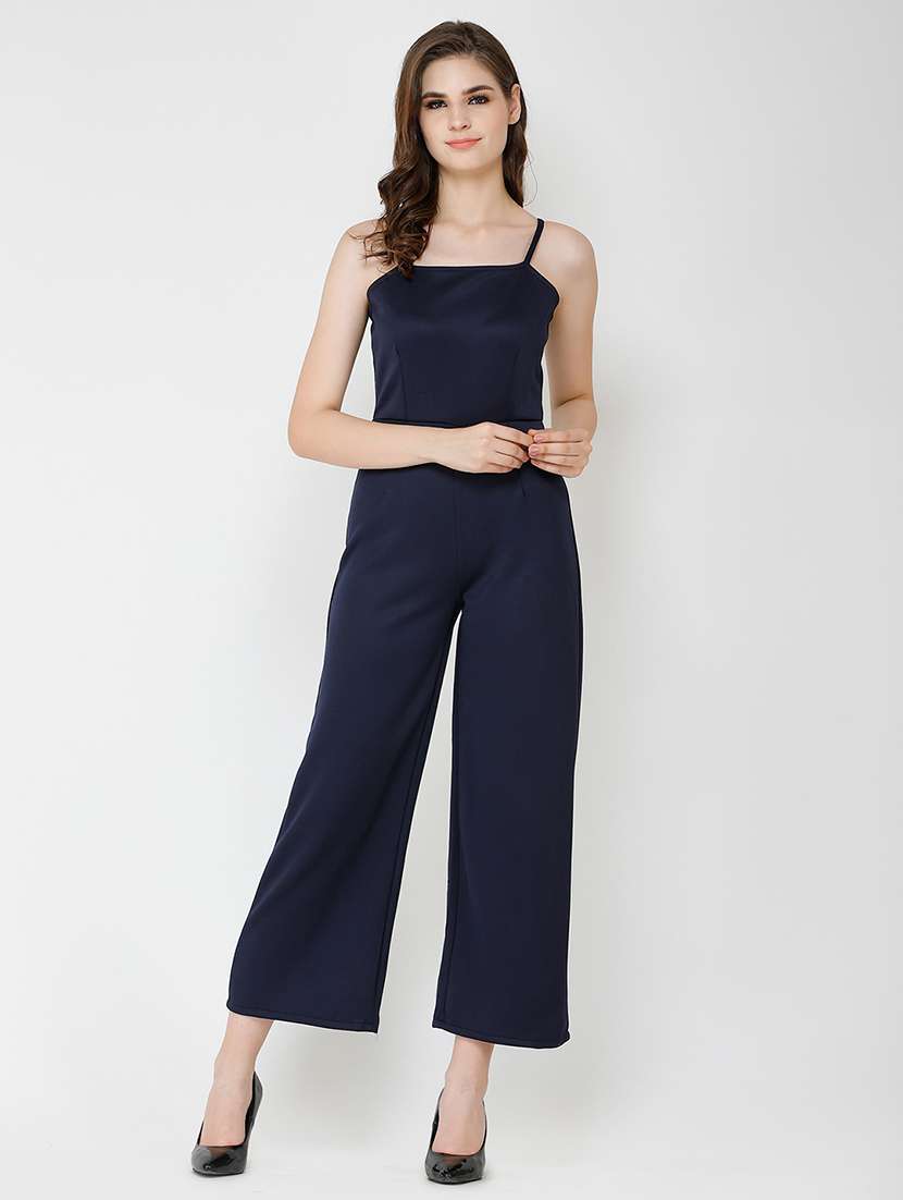 women solid shoulder strap full length jumpsuit