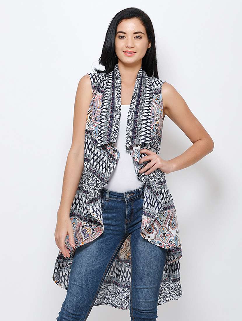 women printed sleeveless asymmetric shrug