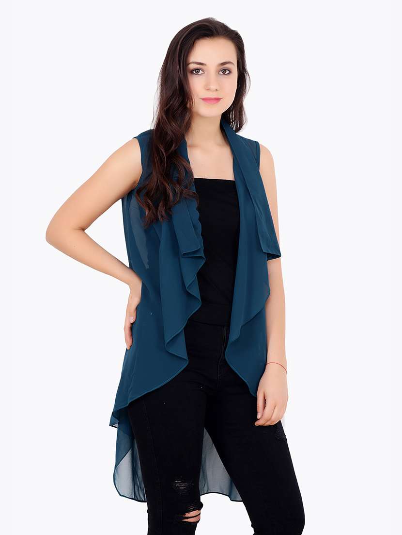 women solid sleeveless asymmetric shrug
