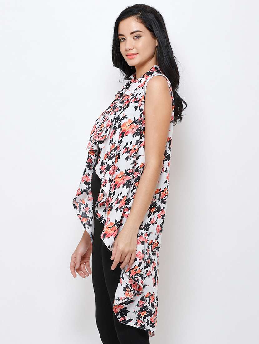women printed sleeveless asymmetric shrug
