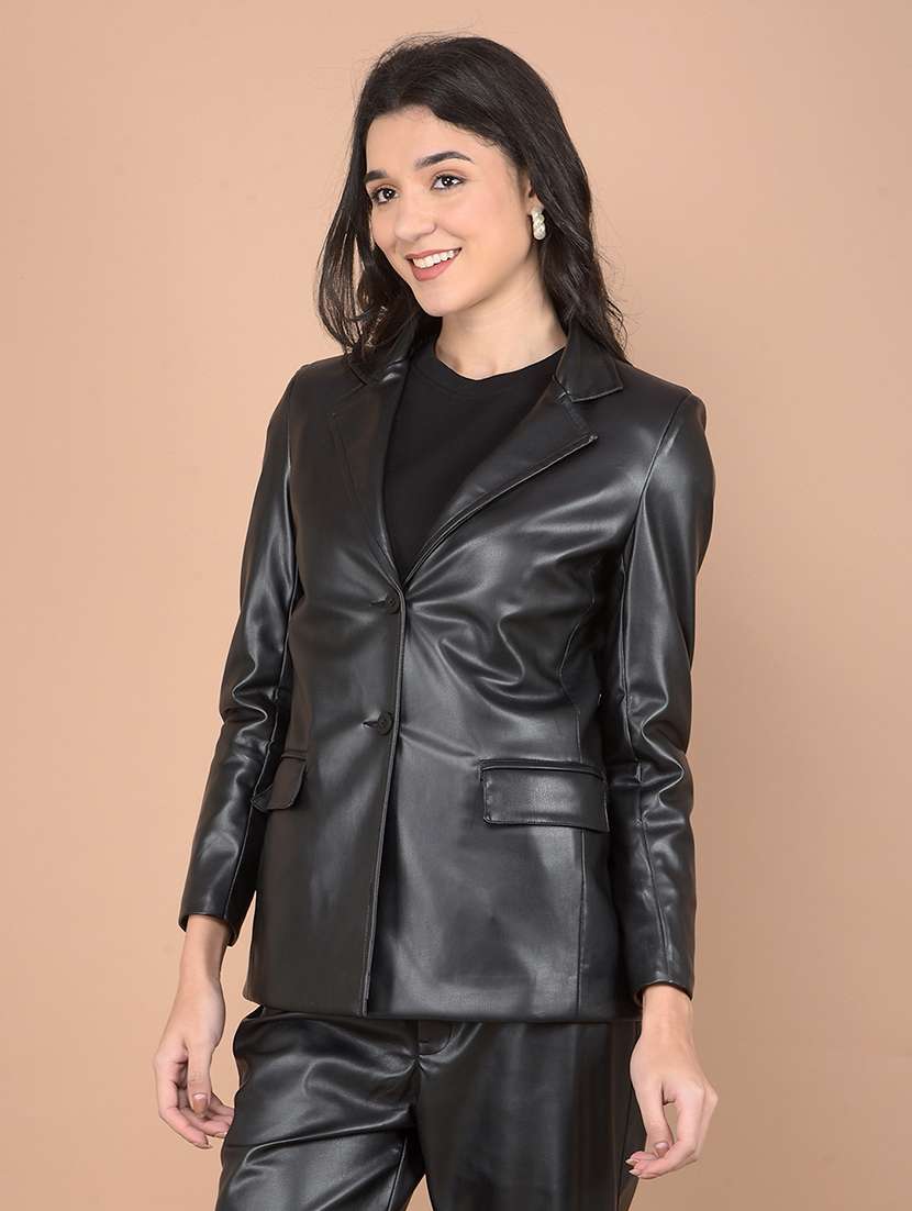 women solid long sleeve leather coat
