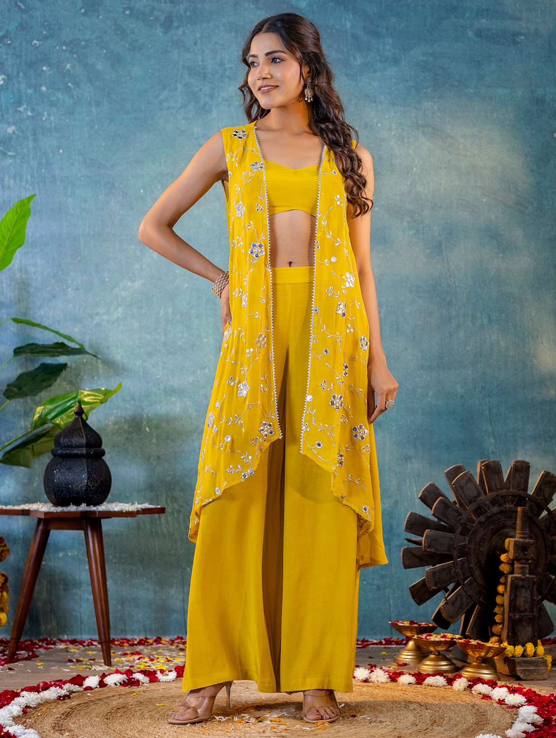 Women Mustard Mirror Work Fusion Set