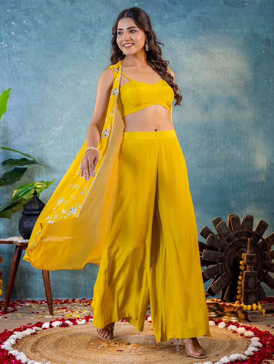 Women Mustard Mirror Work Fusion Set