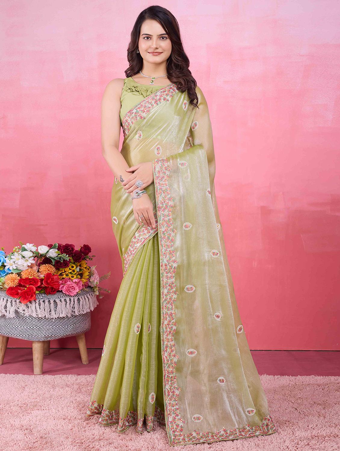 women olive embroidered saree with blouse - 21713578 - Zoom Image - 0