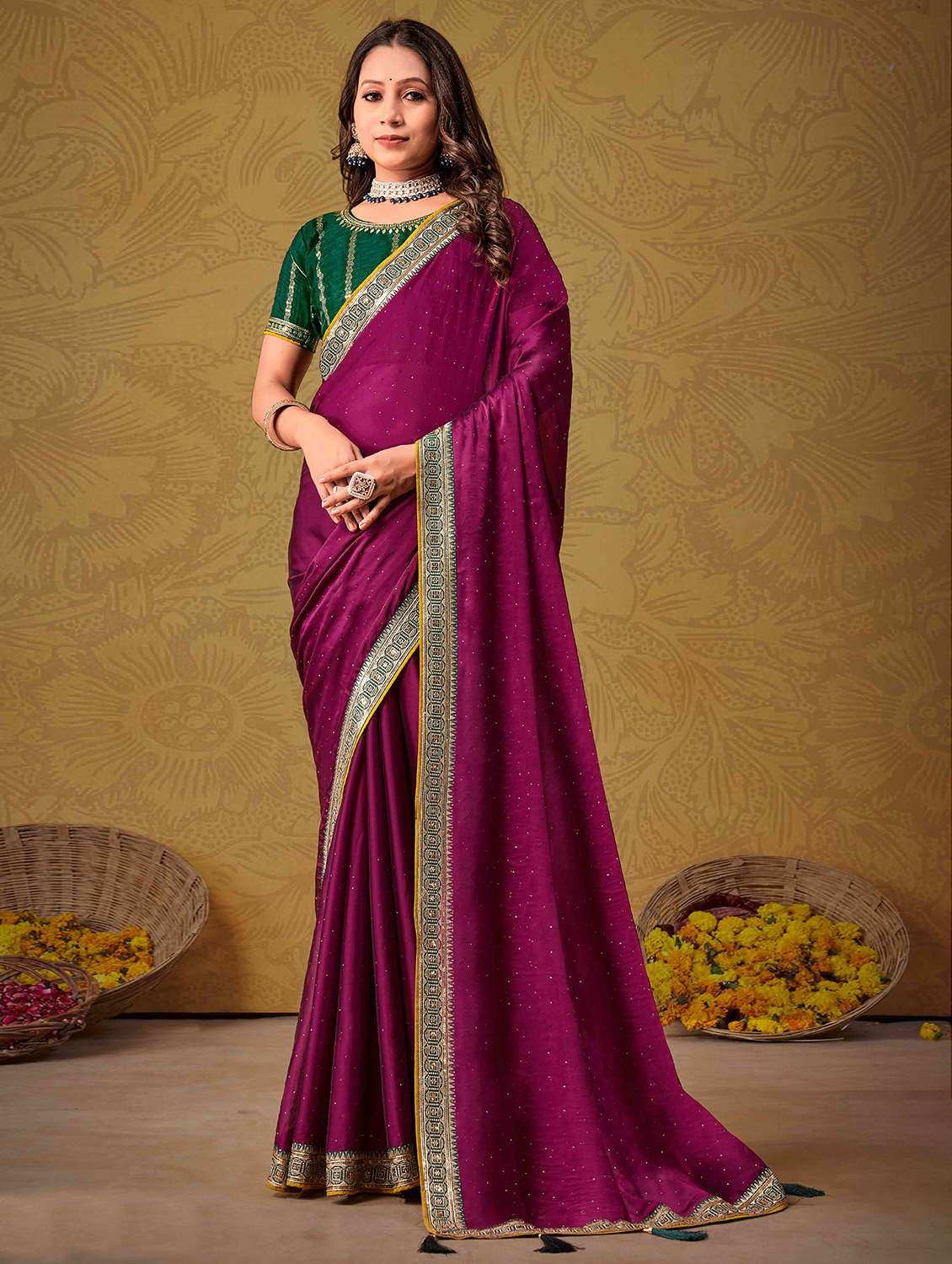 women magenta embellished lace work saree with blouse