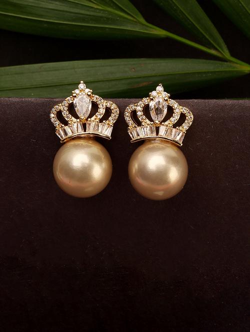golden crown pearl drop stud earrings - 21713763 - Standard Image - 0