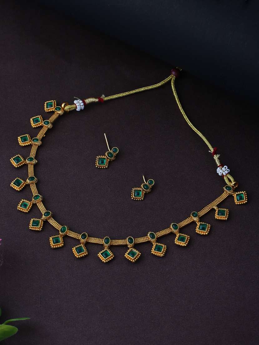 green and gold stone studded jewellery set - 21713798 - Zoom Image - 0
