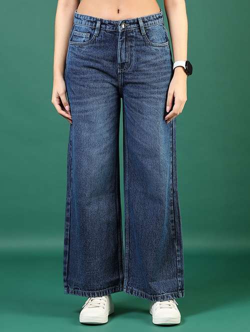 women solid mid rise wide leg jean