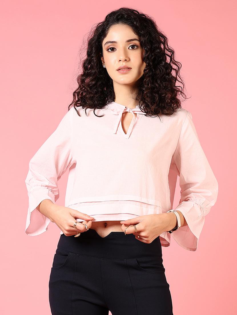 women rosewater solid bell sleeve crop top