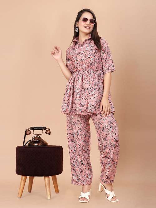 women floral printed shirt collar neck co-ord sets - 21714068 - Standard Image - 0