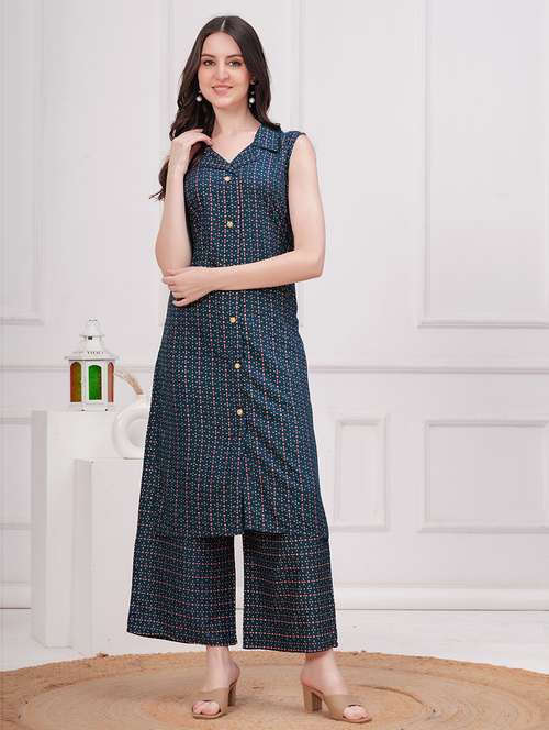 women printed sleeveless kurta palazzo set - 21714168 -  Standard Image - 0