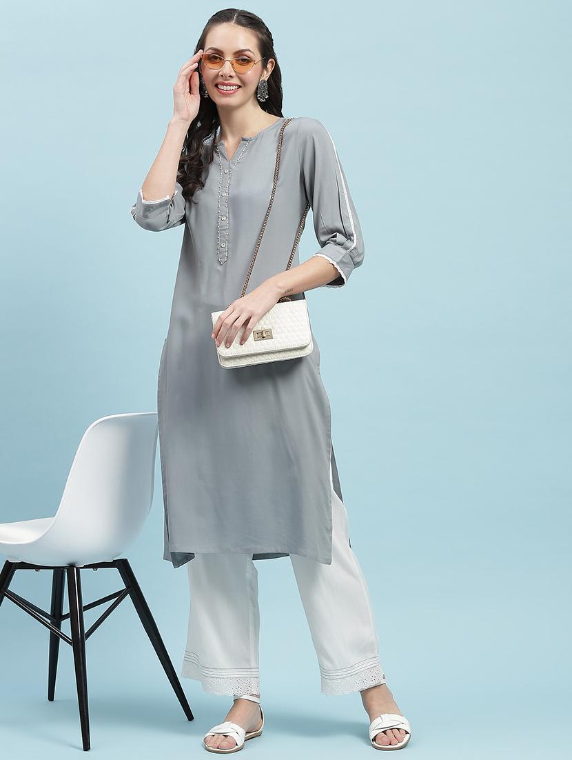 women solid three quarter sleeve straight kurta - 21714248 -  Zoom Image - 0