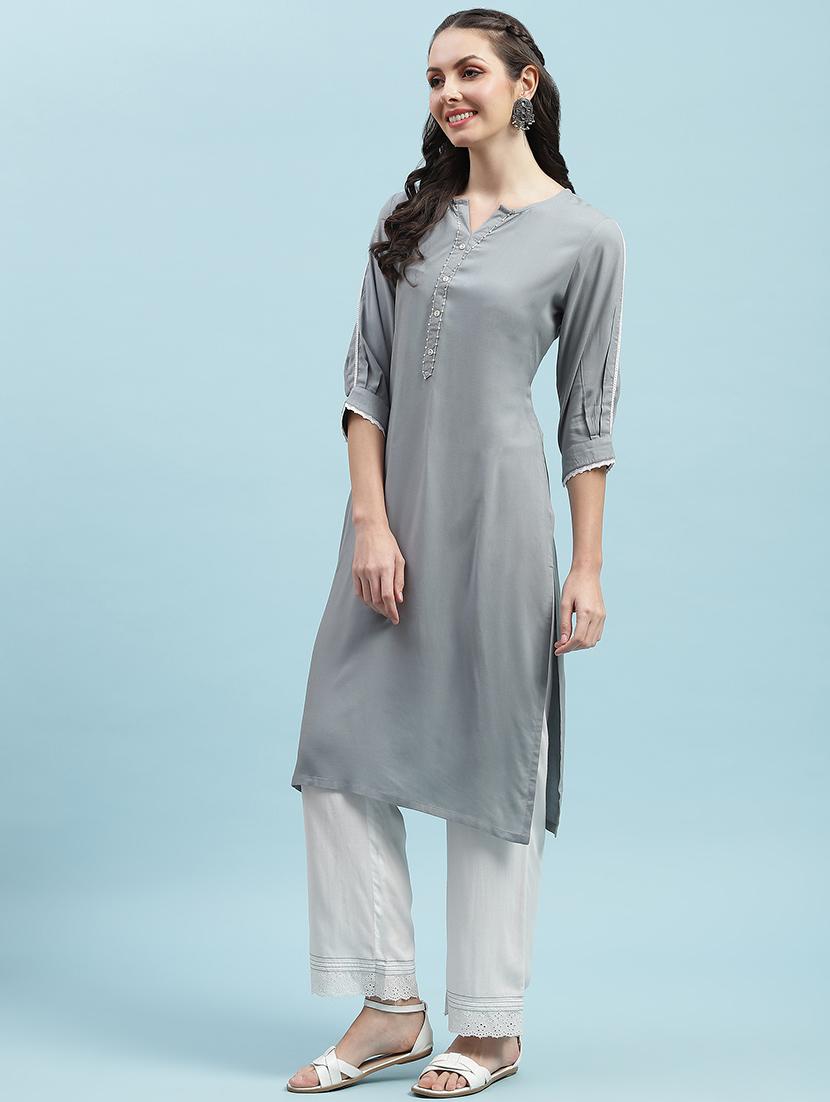 women solid three quarter sleeve straight kurta - 21714248 - Standard Image - 3
