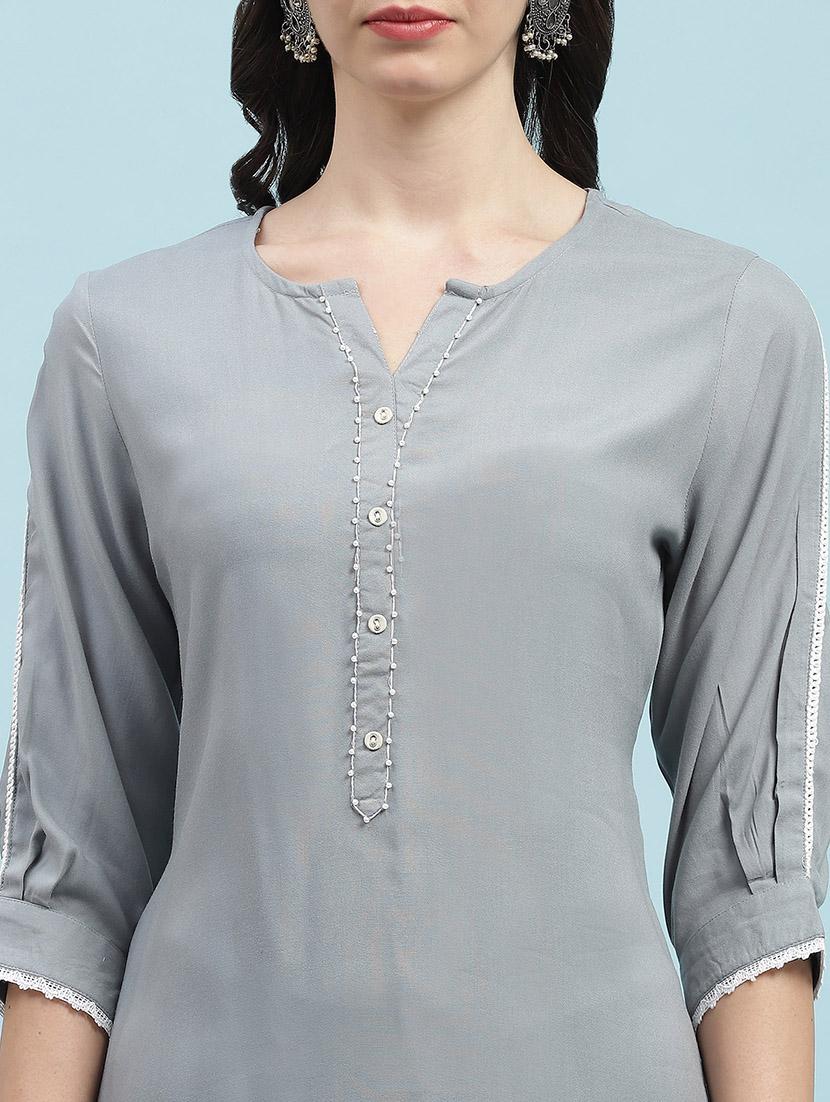 women solid three quarter sleeve straight kurta - 21714248 - Standard Image - 5