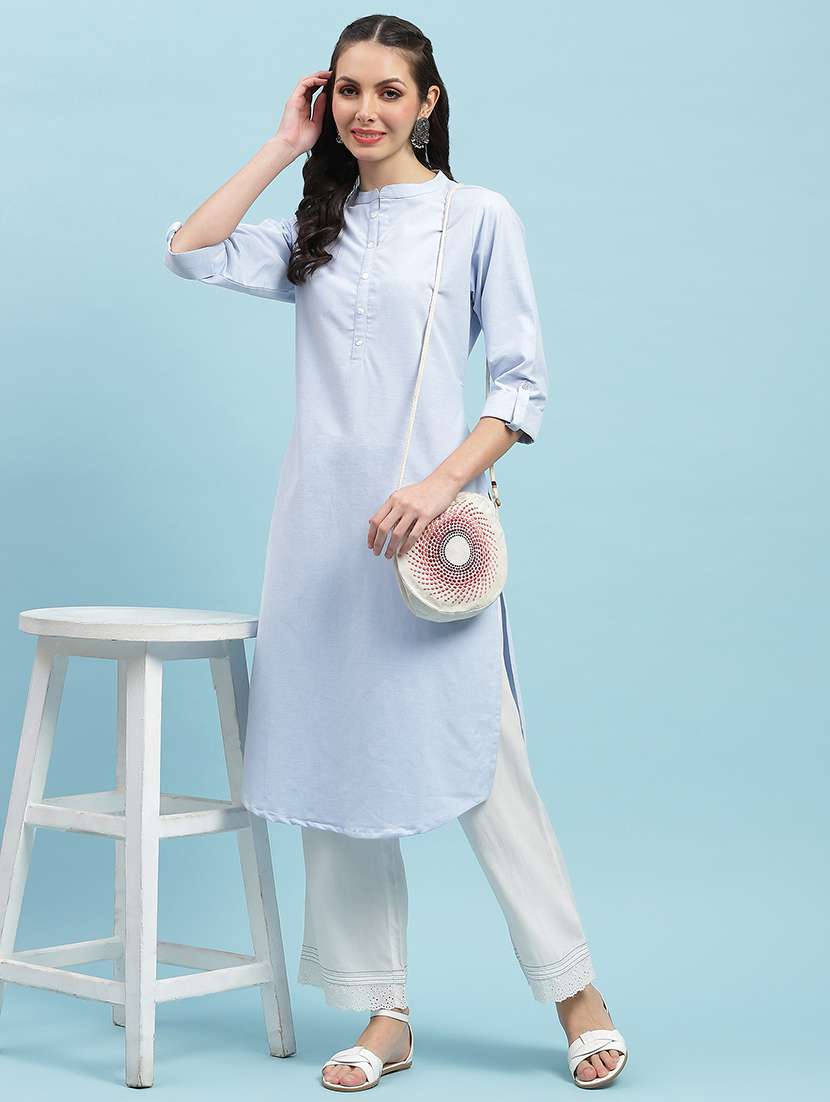 women solid three quarter sleeve straight kurta - 21714251 -  Zoom Image - 0