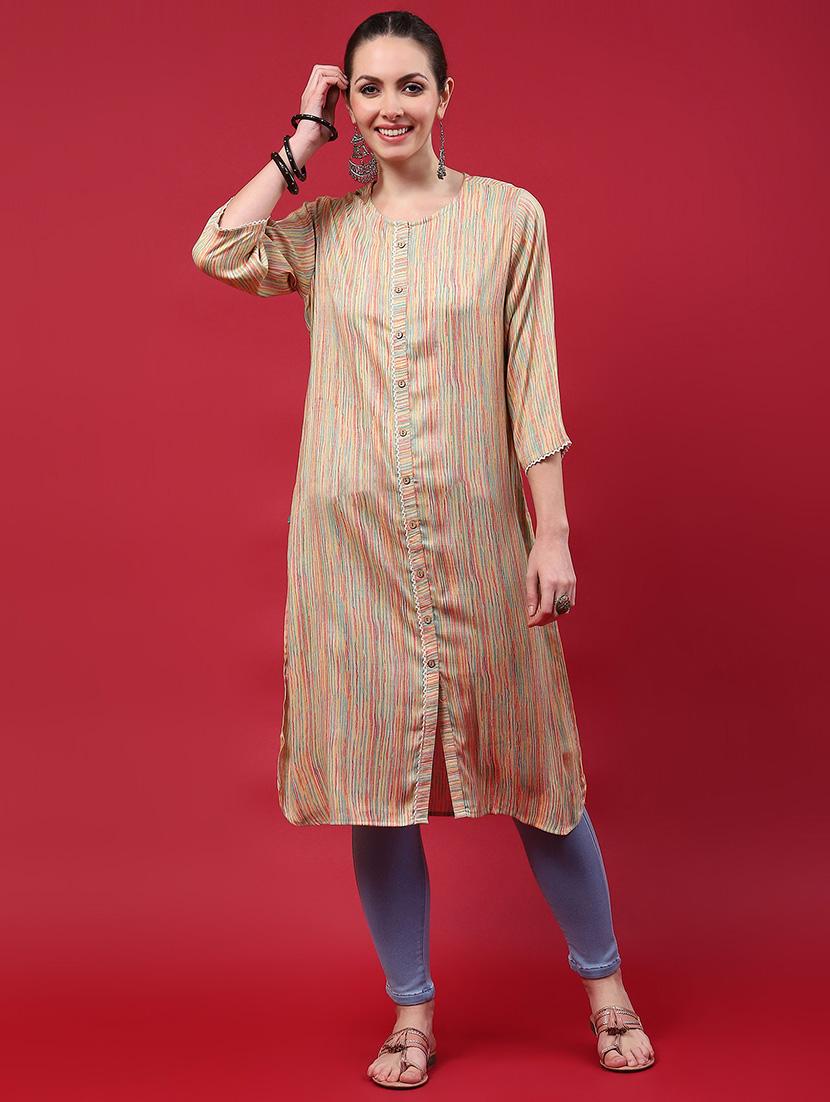 women printed three quarter sleeve straight kurta