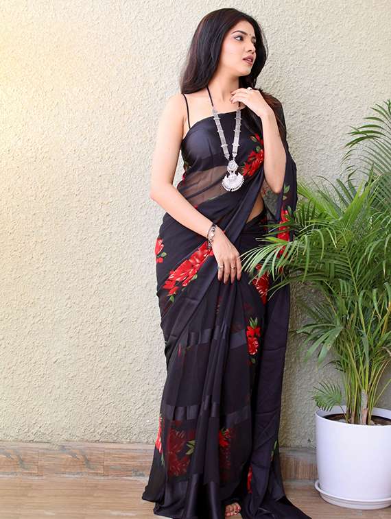 women black floral printed saree with blouse