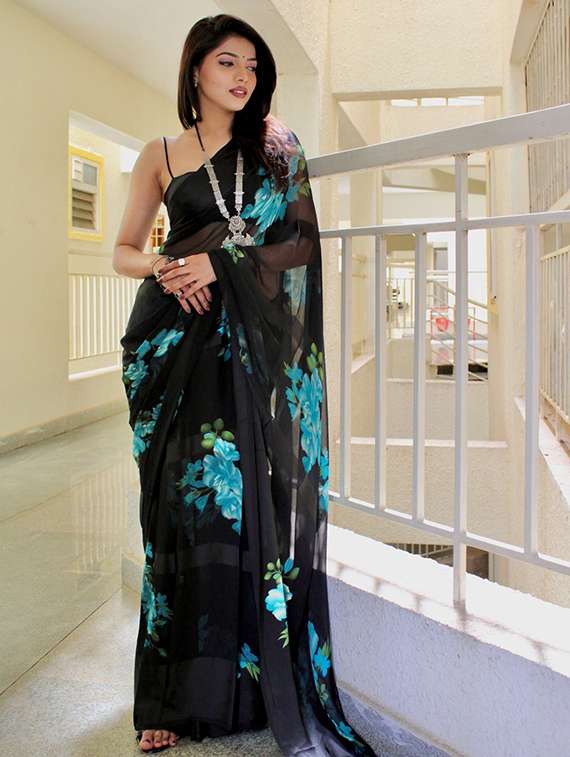 women black floral printed saree with blouse