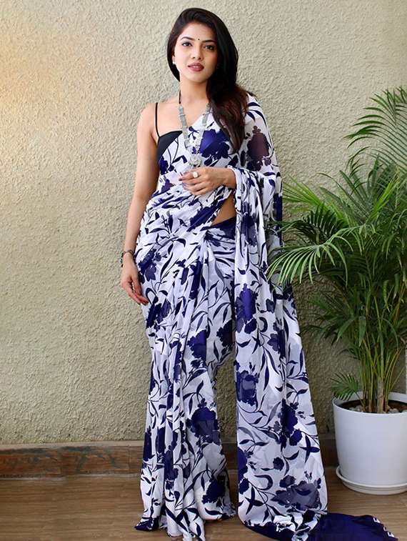 women white floral printed saree with blouse