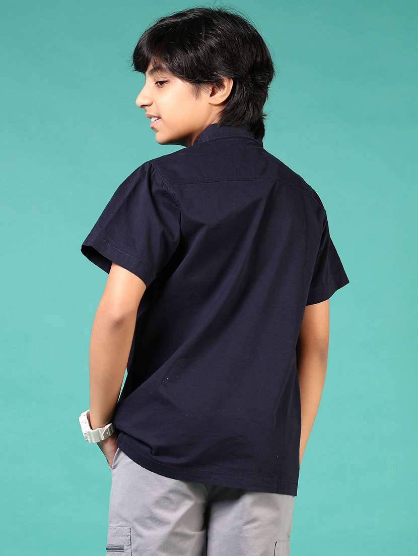 boys navy blue solid collared short sleeve shirt - 21715493 -  Standard Image - 3