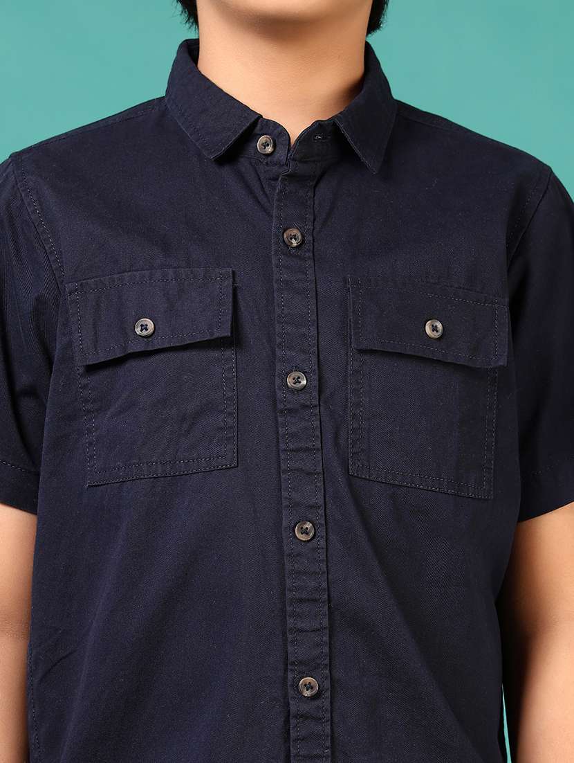 boys navy blue solid collared short sleeve shirt - 21715493 -  Standard Image - 5