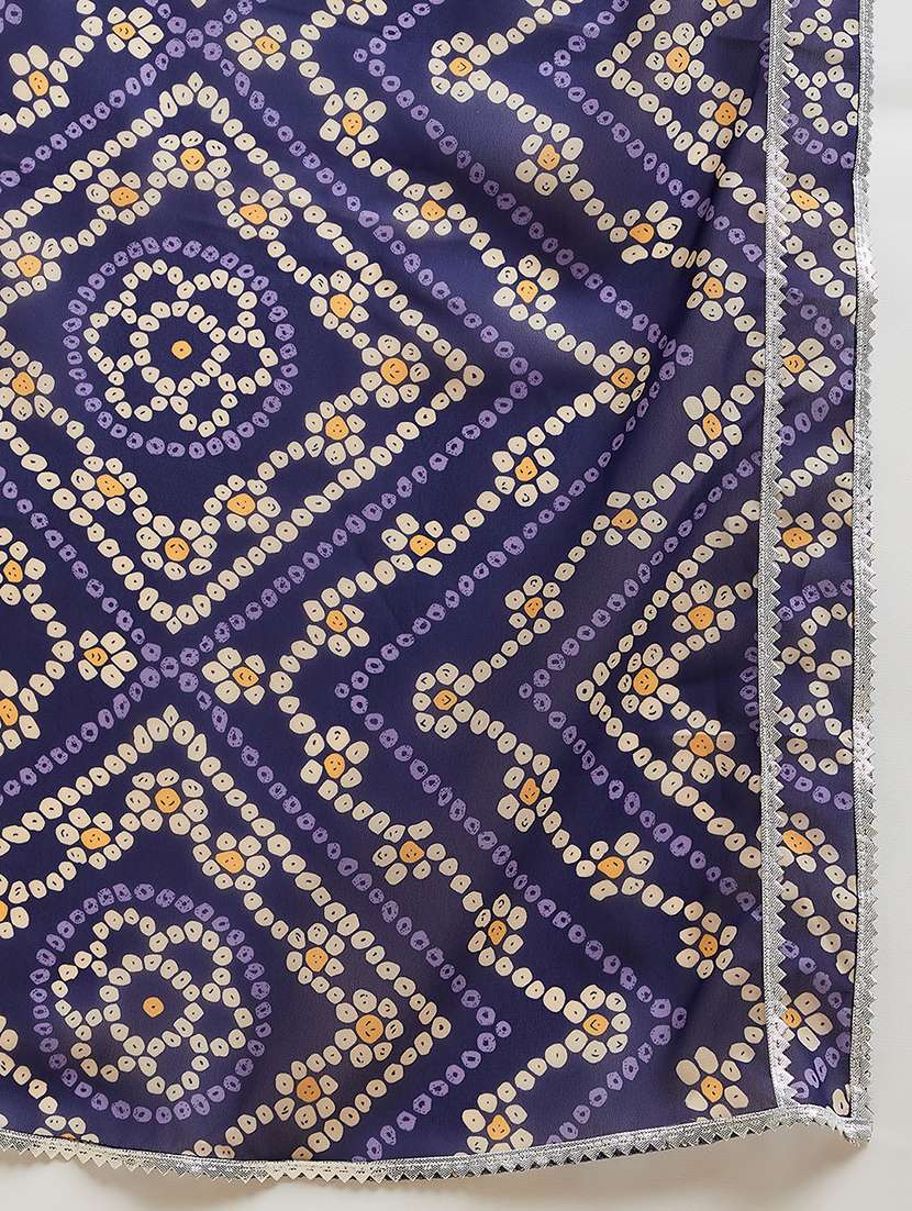 Women Navy Blue Printed Round Neck Kurta Dupatta Set