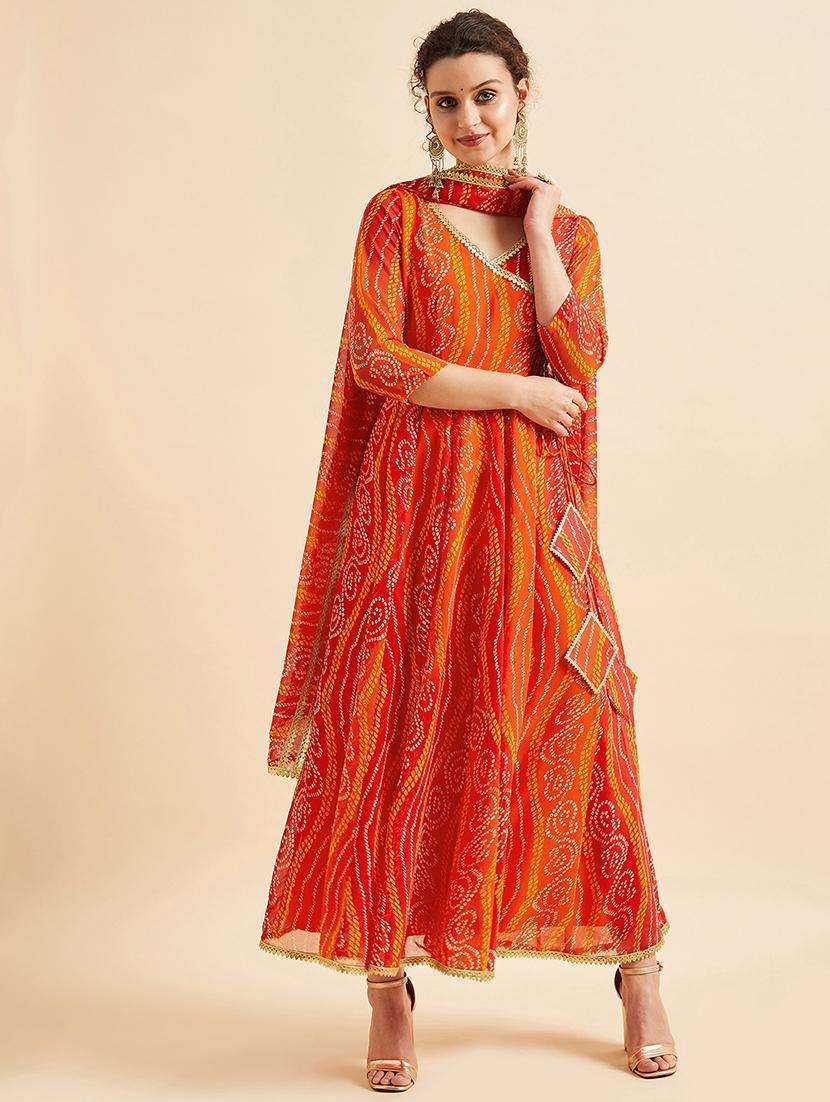 women green bandhani printed kurta dupatta set