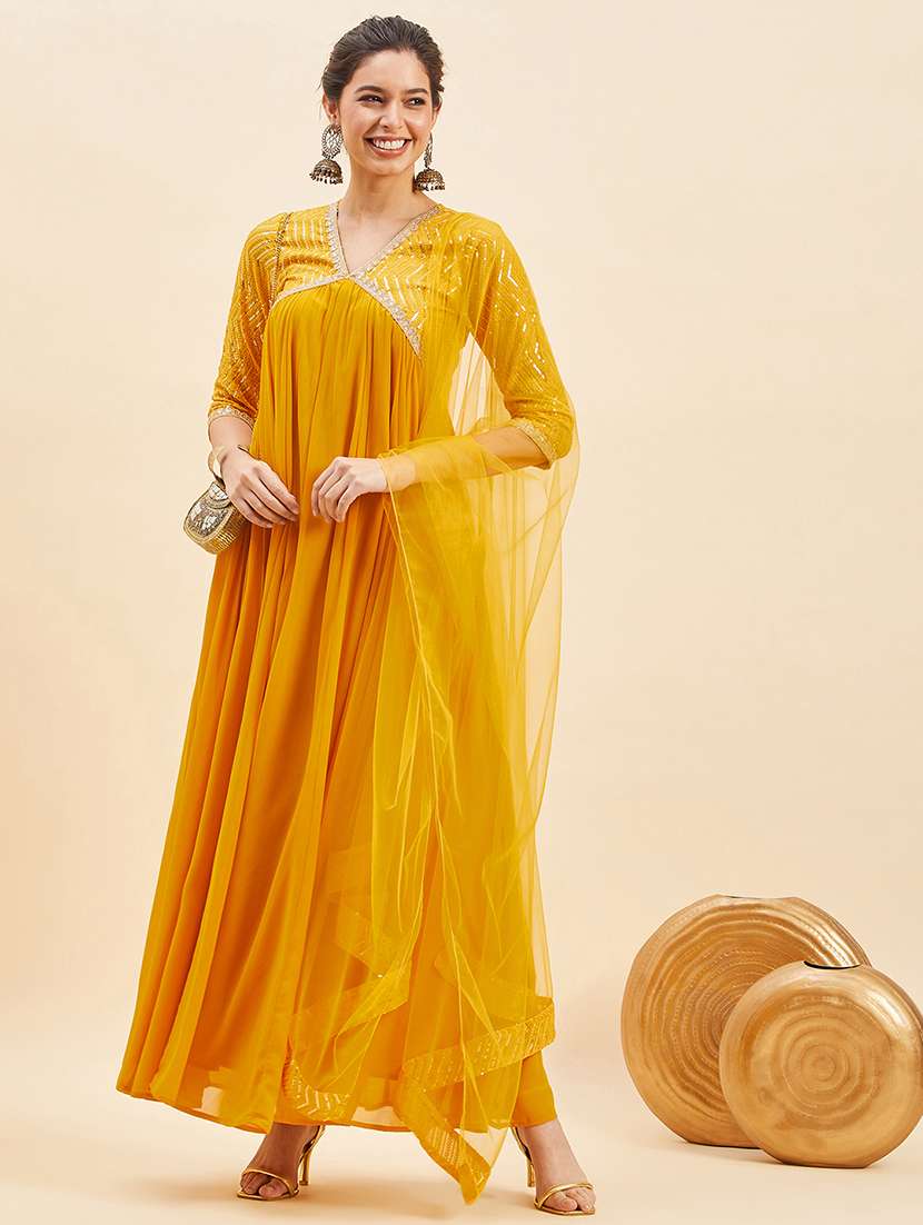 women mustard sequin work kurta dupatta set