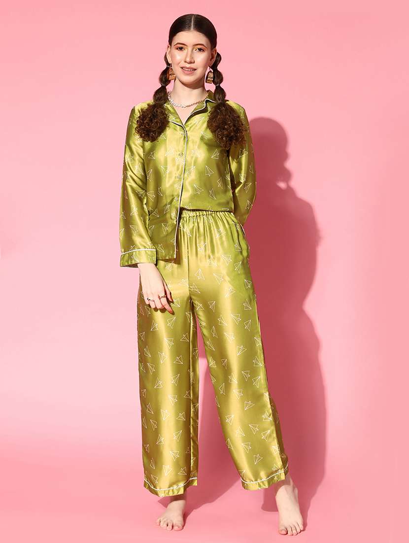women printed nightwear shirt & pyjama set