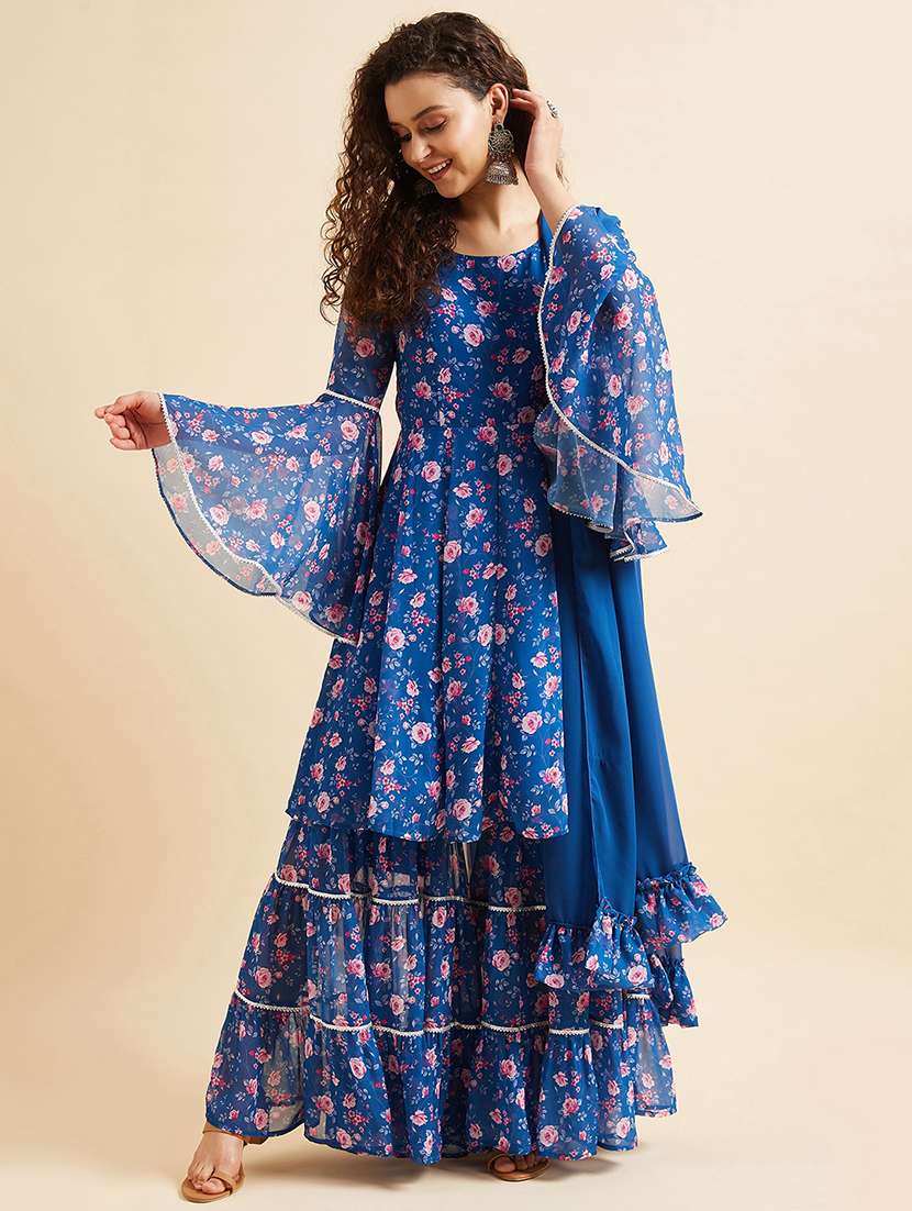 women blue floral bell sleeve kurta sharara with dupatta set