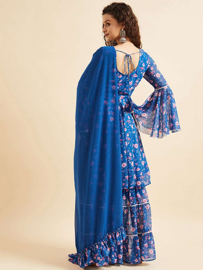 women blue floral bell sleeve kurta sharara with dupatta set - 21715956 -  Standard Image - 3
