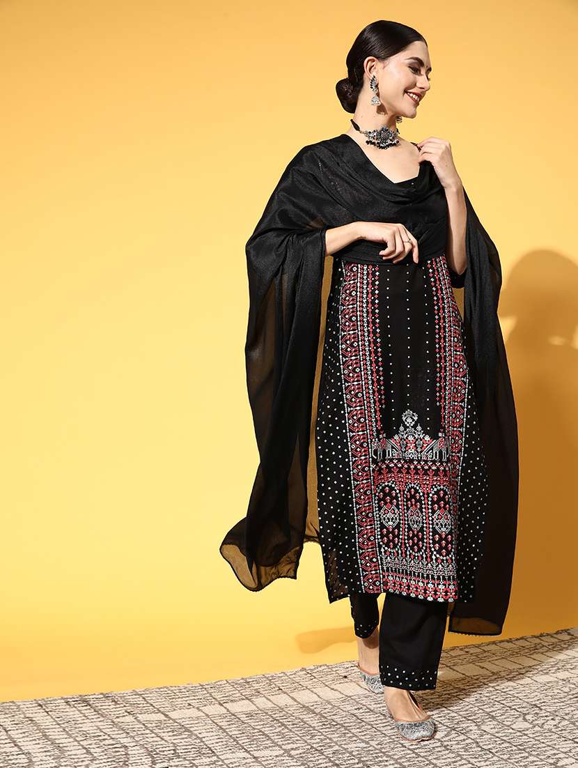 women three quarter sleeve kurta pant with dupatta set 