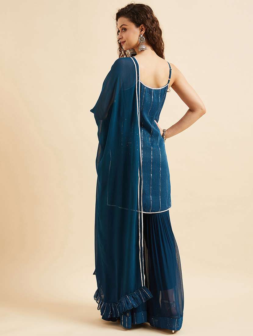 women teal sleeveless kurta sharara with dupatta set  - 21715966 -  Standard Image - 3