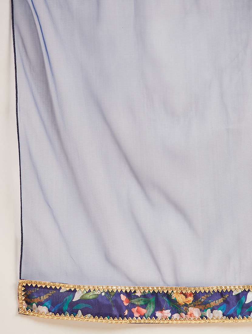 Women Navy Blue Long Sleeve Anarkali Kurta Pant With Dupatta Set 