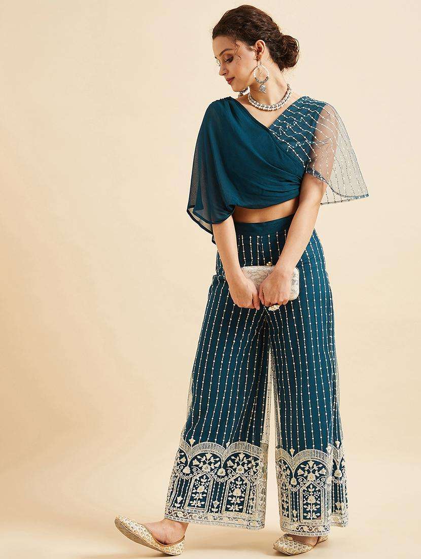 women embroidered layerd top & palazzo set