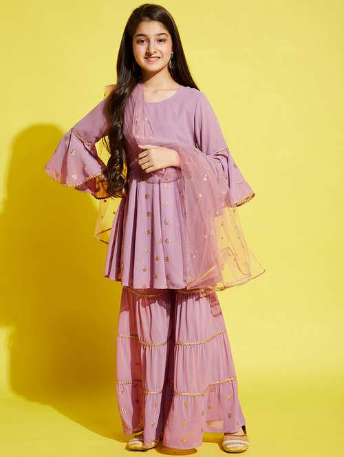 girls embroidered kurta sharara suit set - 21716063 -  Standard Image - 0