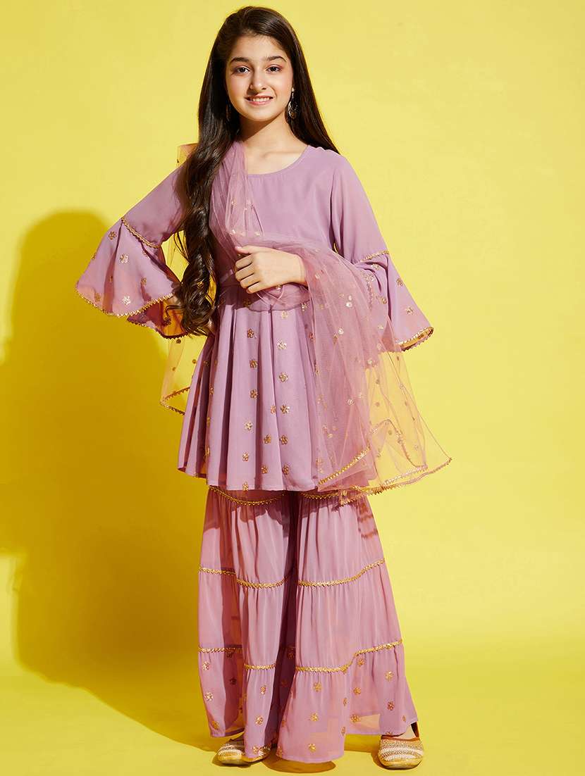 girls embroidered kurta sharara suit set