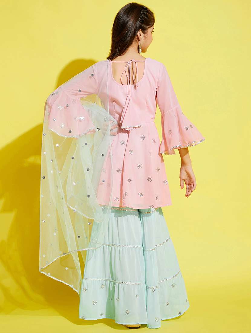 girls embroidered kurta sharara suit set - 21716064 - Standard Image - 3