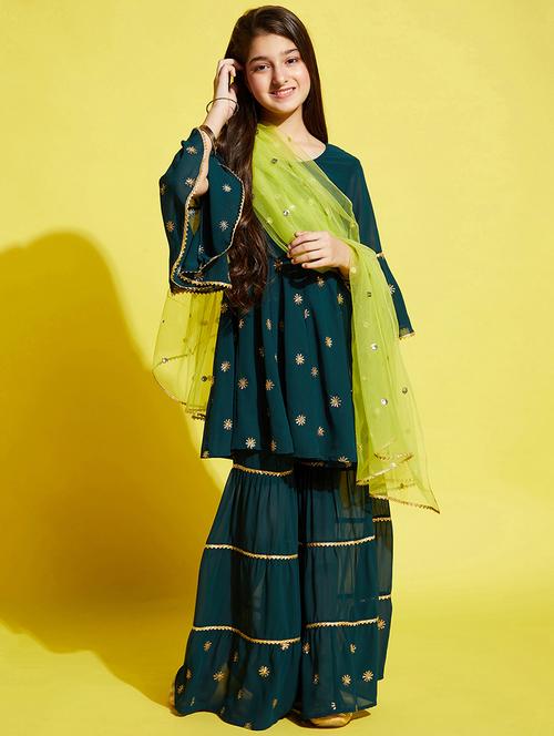 girls embroidered kurta sharara suit set - 21716066 - Standard Image - 0