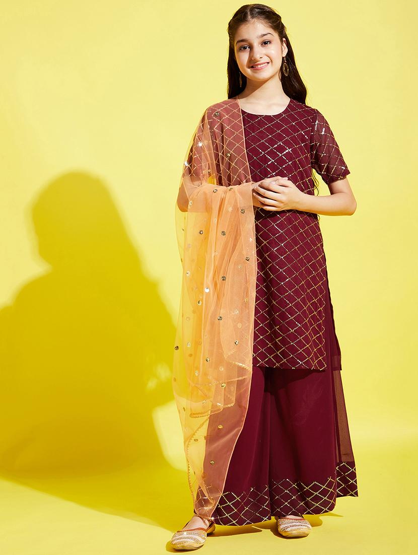 girls sequin work kurta palazzo set with dupatta - 21716156 -  Zoom Image - 0