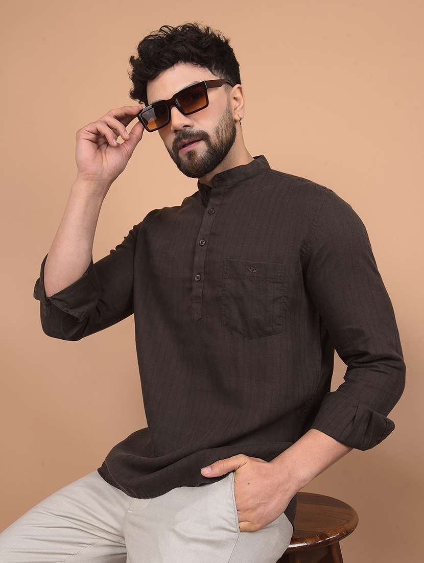 men mandarin neck solid short kurta - 21716217 - Standard Image - 3