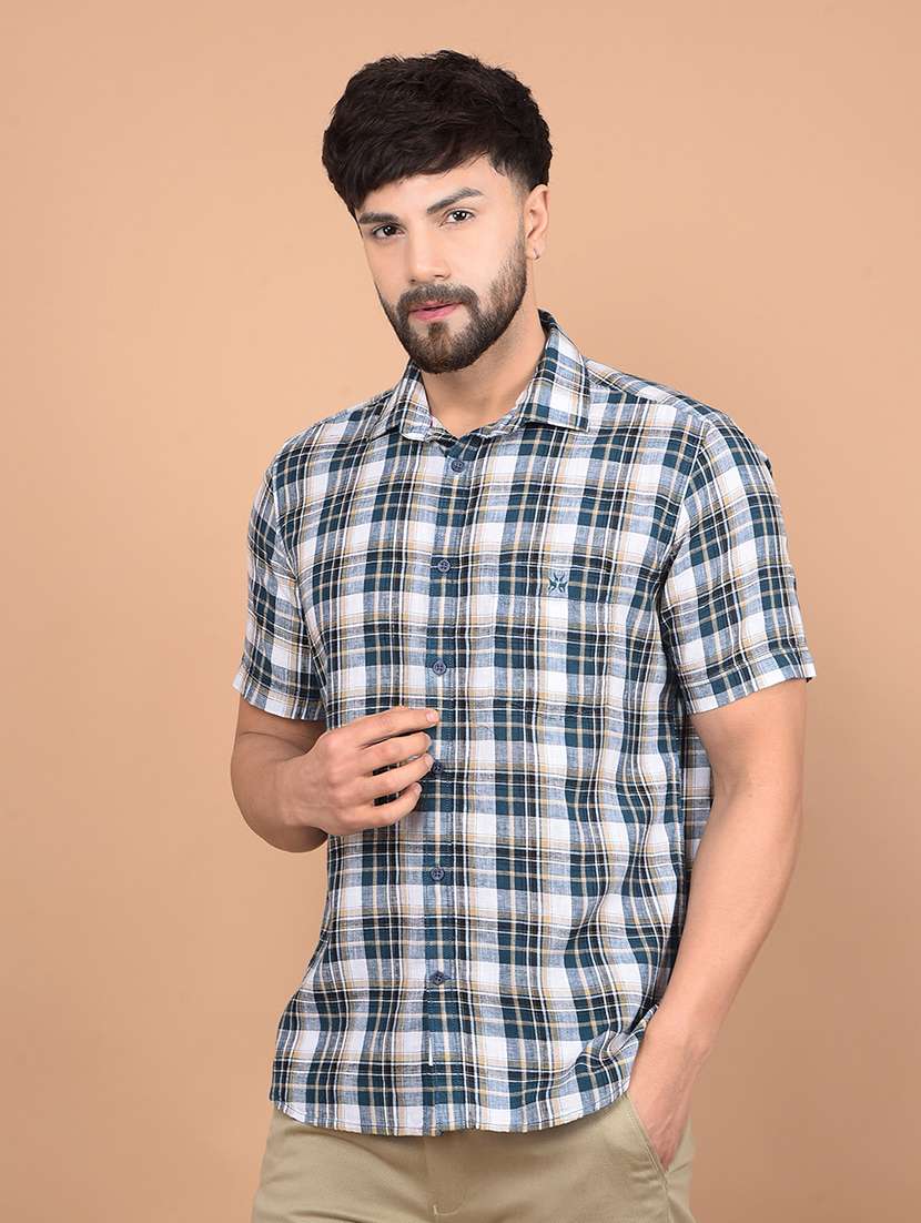 men short sleeves checkered casual shirt