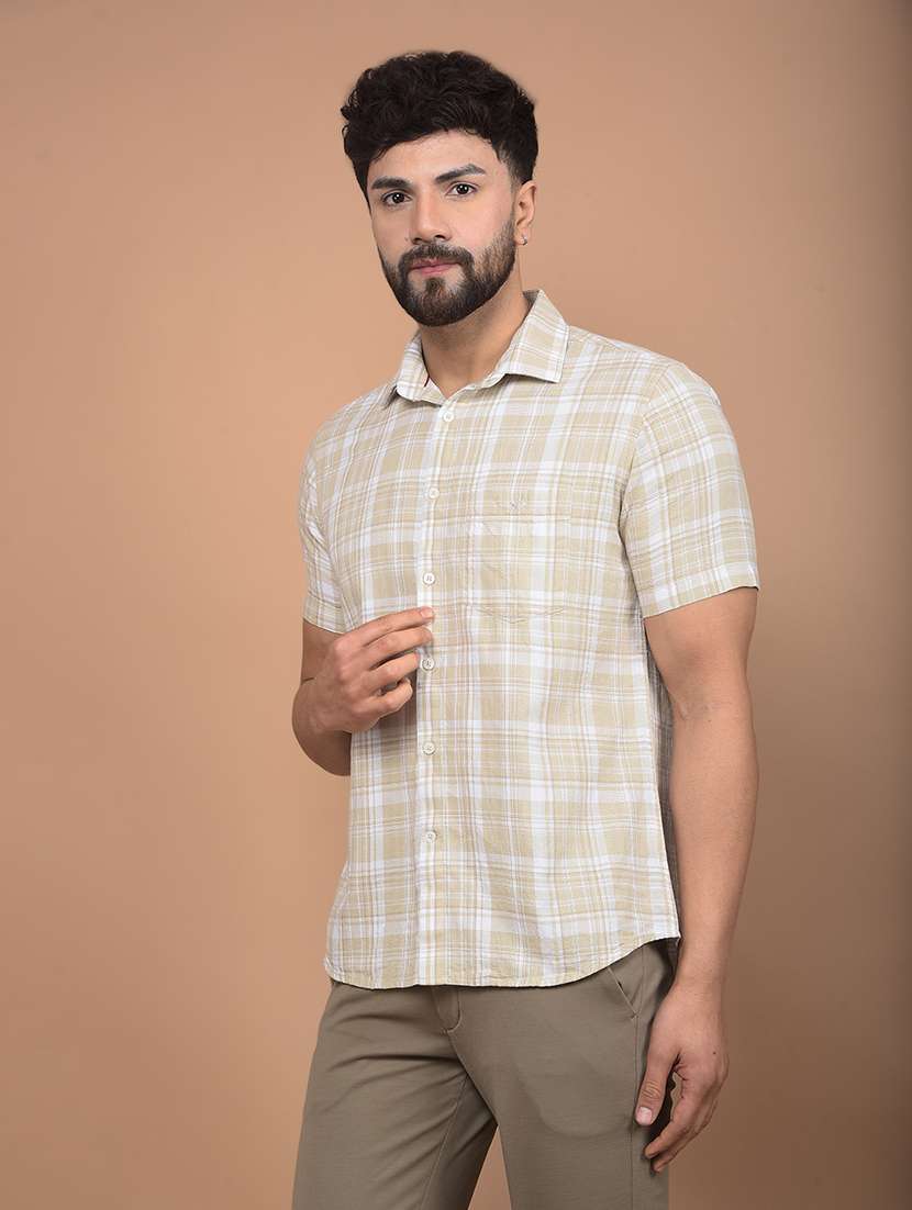 men short sleeves checkered casual shirt
