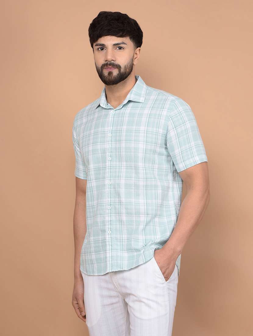 men short sleeves checkered casual shirt