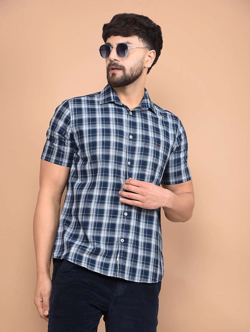 men short sleeves checkered casual shirt
