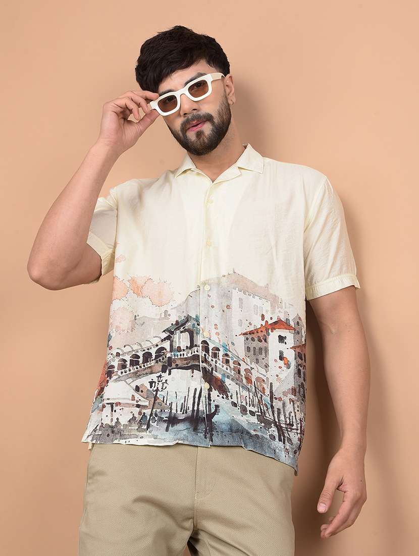 men short sleeves printed casual shirt
