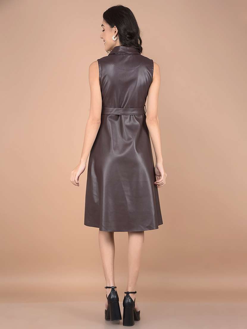 women v-neck solid belted dress - 21716358 -  Standard Image - 3