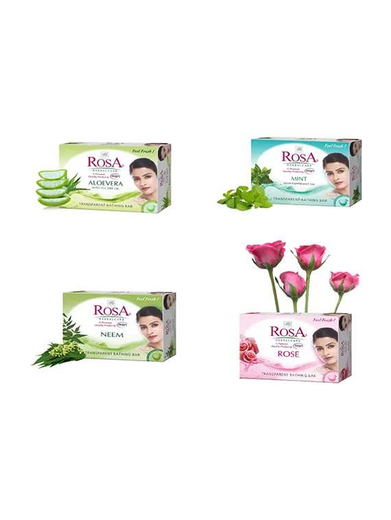 rosa transparent rose, mint, neem, aloevera gel soap i skin conditioners for moisturized skin i bathing bar i pack 4 *100g each