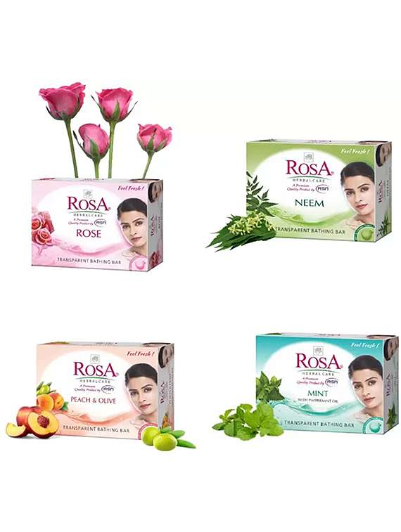 rosa transparent rose, mint,neem and peach & olive gel soap i skin conditioners glyecrin bathing bar i pack 4 *100g each